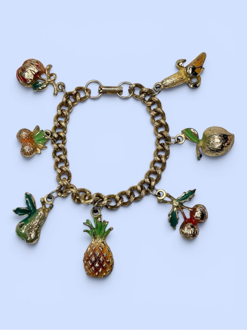 VTG Gold Tone Fruit Salad Charm Bracelet Apple Pear Pineapple Cherry Banana